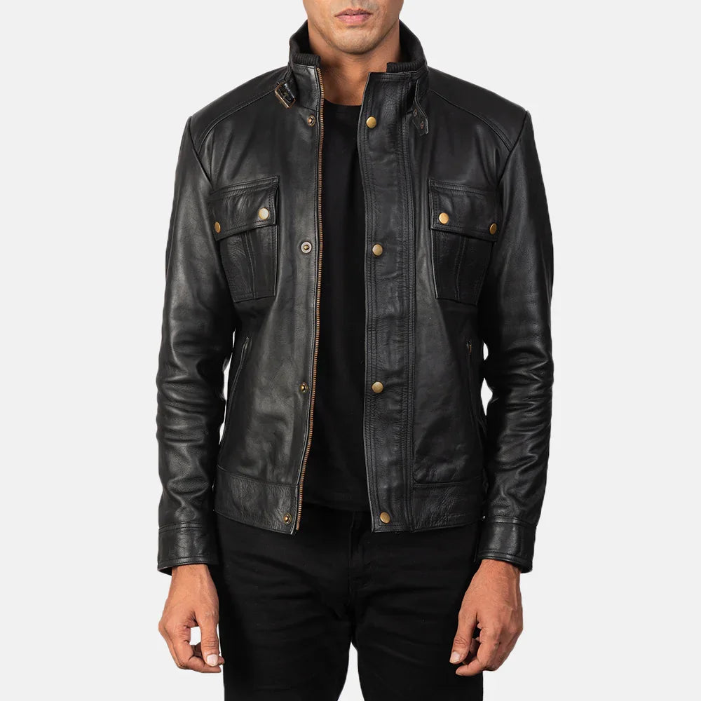 Stand Collar Black Leather Jacket for Men - TheBougees