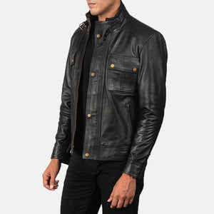 Stand Collar Black Leather Jacket for Men - TheBougees