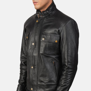 Stand Collar Black Leather Jacket for Men - TheBougees