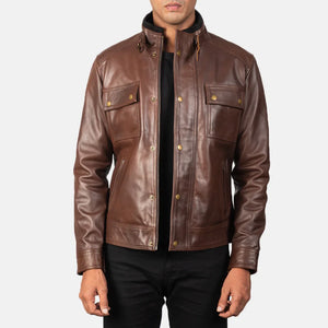 Stand Collar Brown Leather Jacket for Men - TheBougees