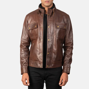 Stand Collar Brown Leather Jacket for Men - TheBougees