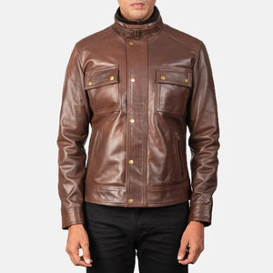 Stand Collar Brown Leather Jacket for Men - TheBougees