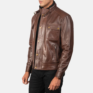 Stand Collar Brown Leather Jacket for Men - TheBougees