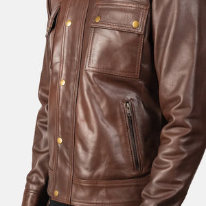 Stand Collar Brown Leather Jacket for Men - TheBougees