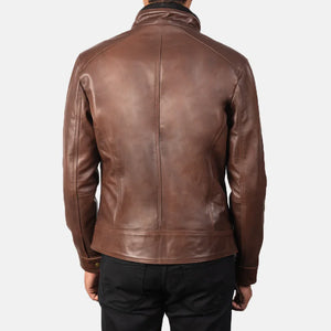 Stand Collar Brown Leather Jacket for Men - TheBougees