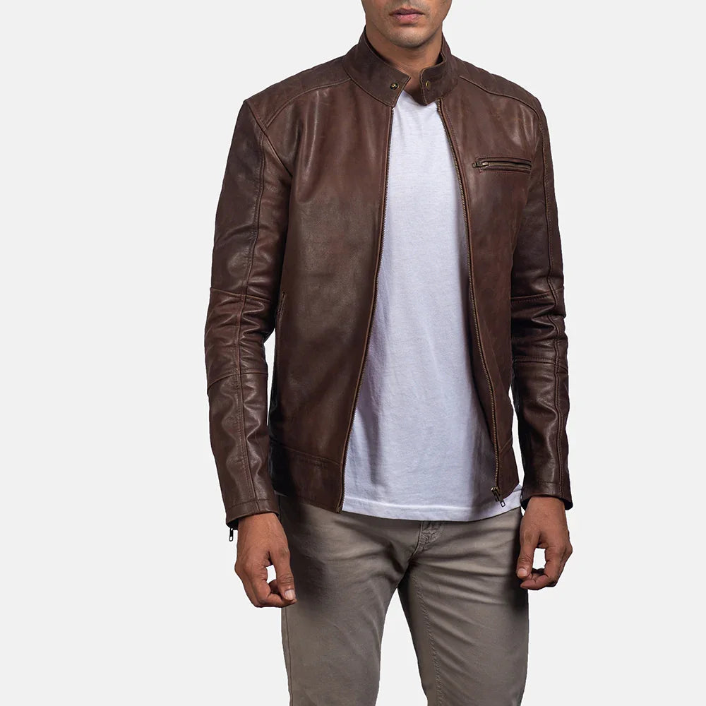 Men Stylish Chocolate Brown Leather Jacket - TheBougees