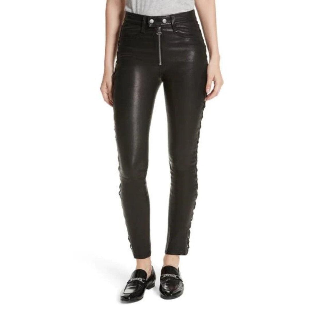Leather Pants Women With Side Lace Design Slim Fit - TheBougees