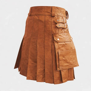 Tan leather kilt with pleats, side buckles, and a cargo pocket for men or women