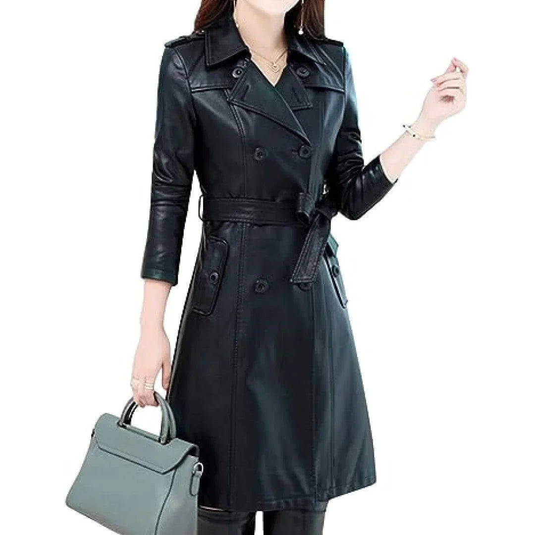 Pure Leather Trench Coat For Women - TheBougees