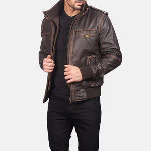 Street Brown Leather Bomber Jacket - TheBougees