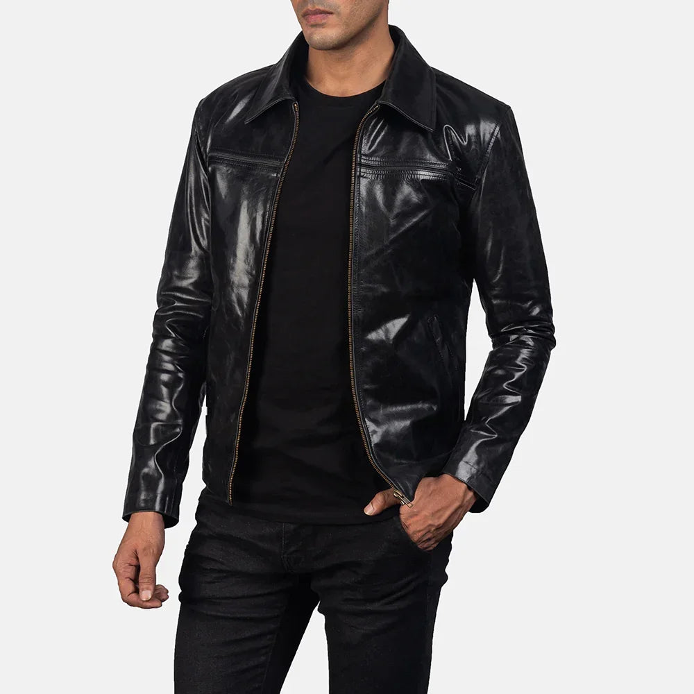 Vintage Black Plain Collar Jacker for Mens - TheBougees