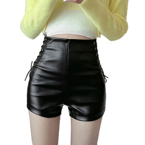 Women Leather Shorts With Unique Side Lace Design - TheBougees