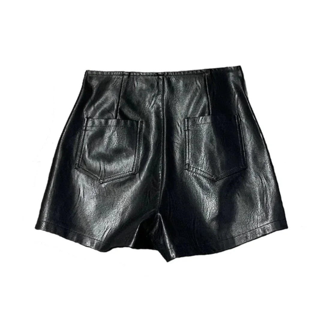 Women Leather Shorts With Unique Front Lace Design - TheBougees