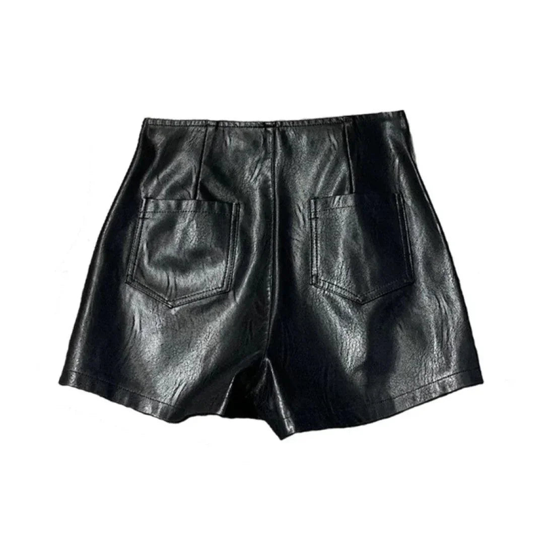 Women Leather Shorts With Unique Front Lace Design - TheBougees