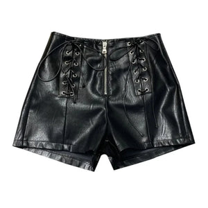 Women Leather Shorts With Unique Front Lace Design - TheBougees