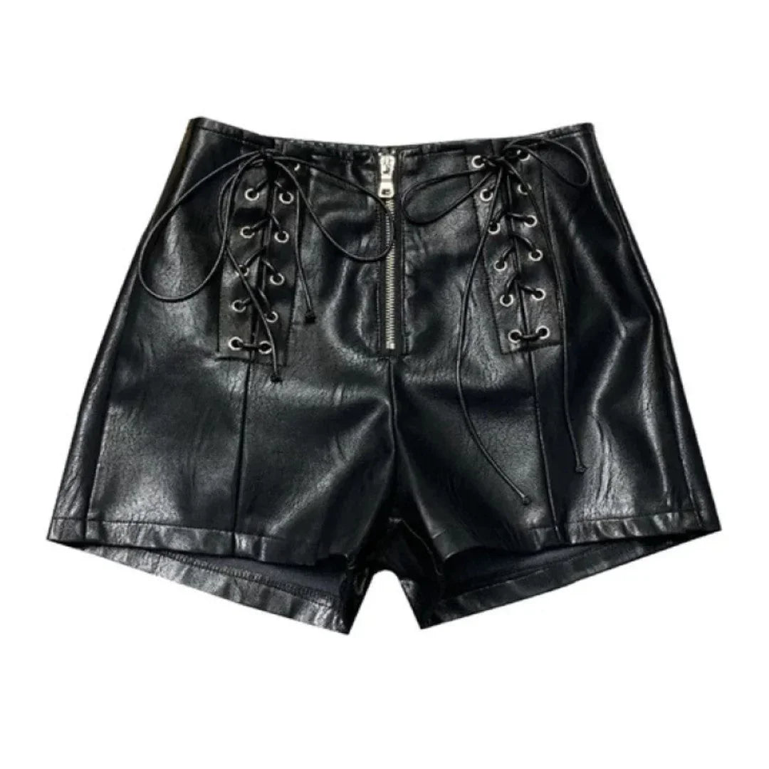 Women Leather Shorts With Unique Front Lace Design - TheBougees