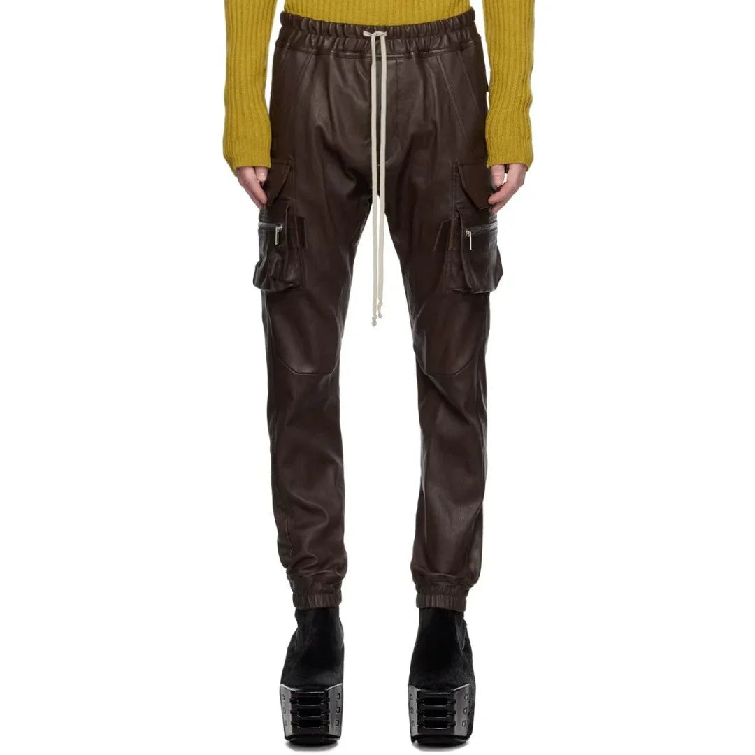 Brown Leather Pants For Men With Side Zipped Pockets - TheBougees