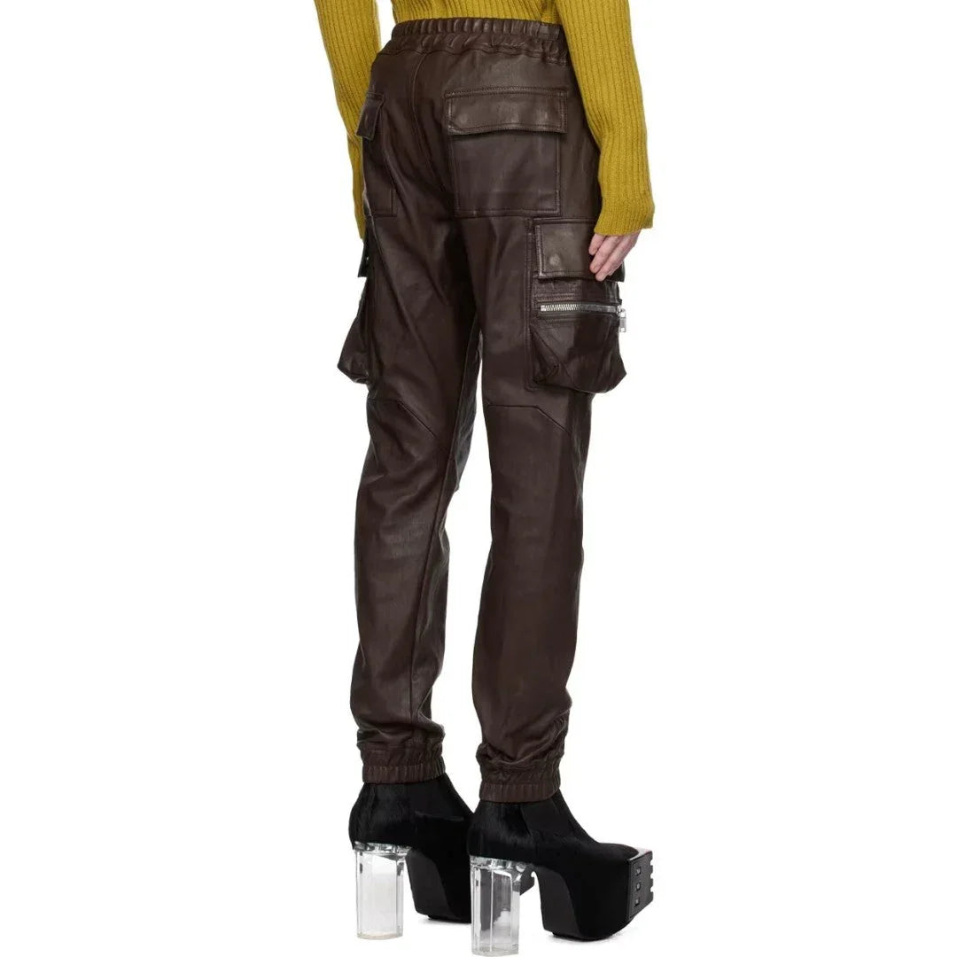 Brown Leather Pants For Men With Side Zipped Pockets - TheBougees
