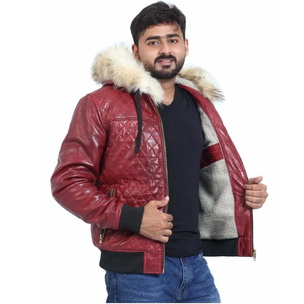 Leather Bomber Jackets with Fur on the Hood Winter Jacket - TheBougees