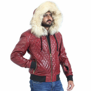 Leather Bomber Jackets with Fur on the Hood Winter Jacket - TheBougees