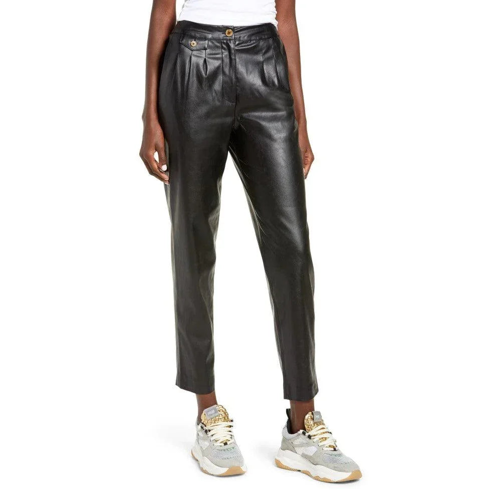 Black Straight-Leg Leather Trousers For Women - TheBougees