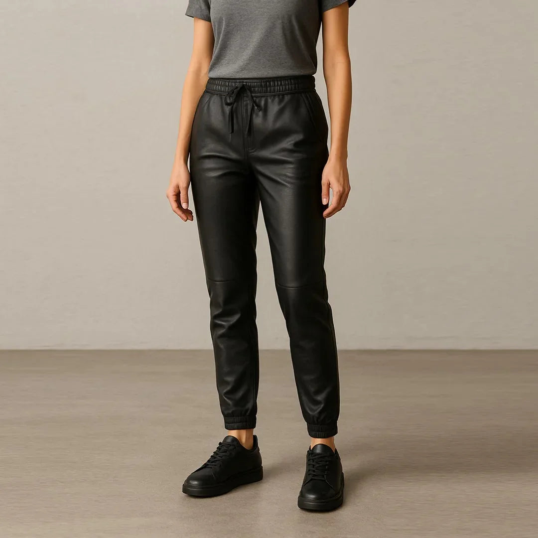 Genuine Sheepskin Leather Jogger Trousers for Women – Black Pants - TheBougees