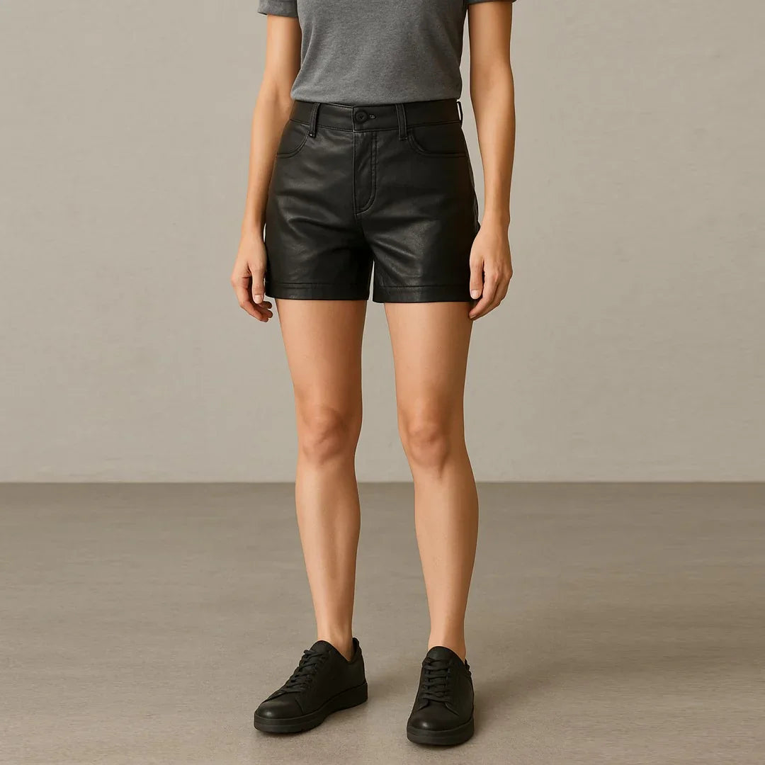 Women's Genuine Sheep Leather High-Waist Shorts - TheBougees