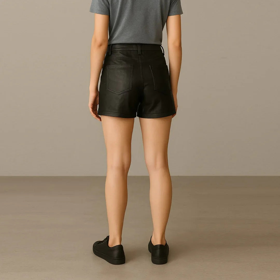Women's Genuine Sheep Leather High-Waist Shorts - TheBougees
