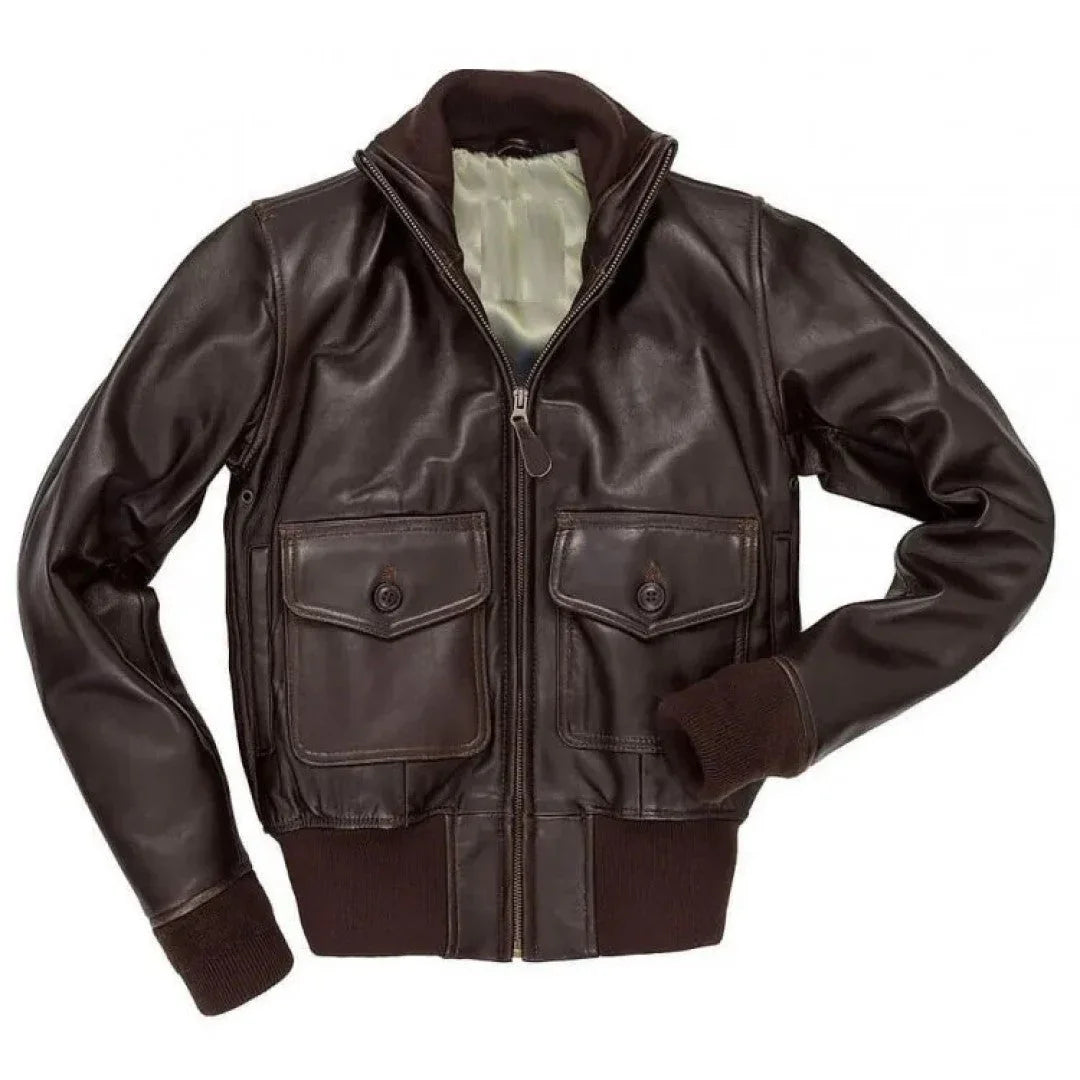 Womens Classic Brown Leather Bomber Jacket - TheBougees