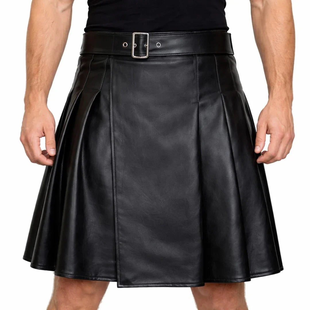 Men’s Genuine Leather Kilt – Black Pleated Kilt with Side Buckle Belt