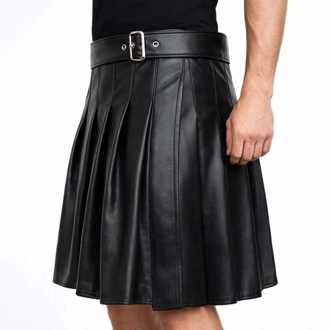 Men’s Genuine Leather Kilt – Black Pleated Kilt with Side Buckle Belt