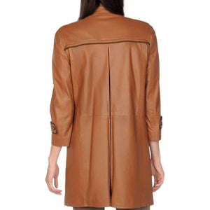 Double Breasted brown leather coat For Women - TheBougees