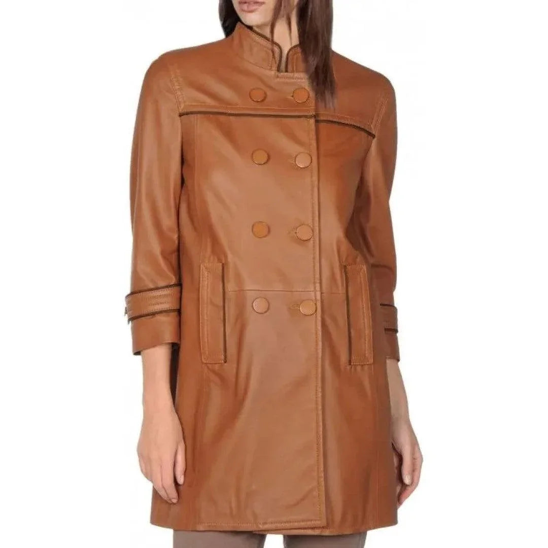 Double Breasted brown leather coat For Women - TheBougees