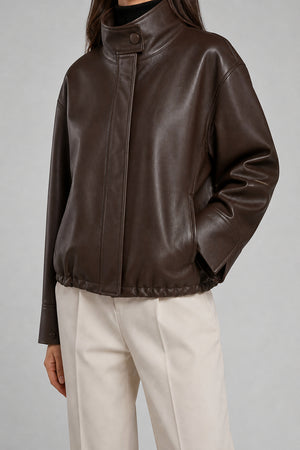 Funnel Neck Leather Jacket