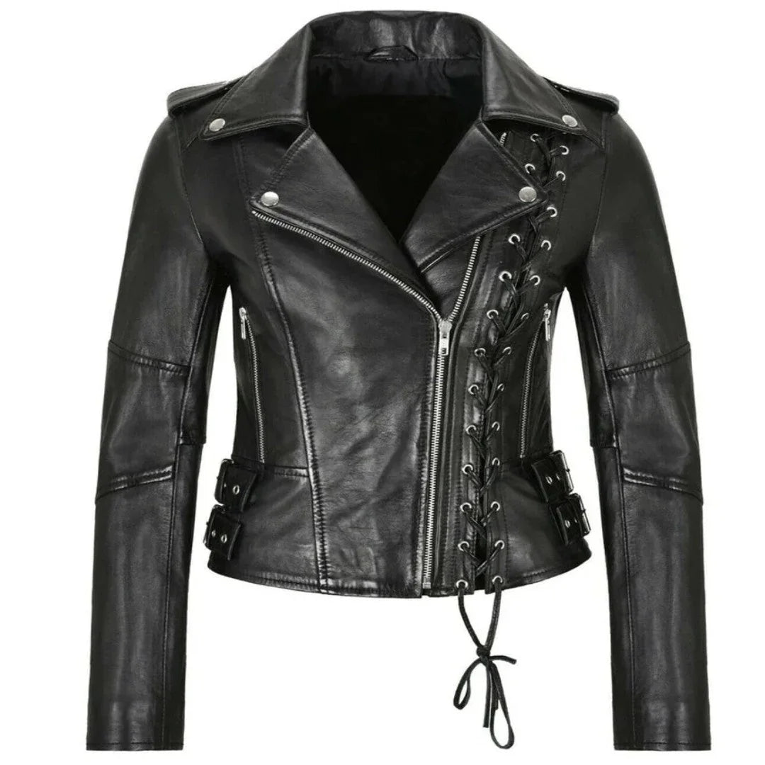 Women Leather Jacket With Side Lace Design - TheBougees