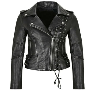 Women Leather Jacket With Side Lace Design - TheBougees
