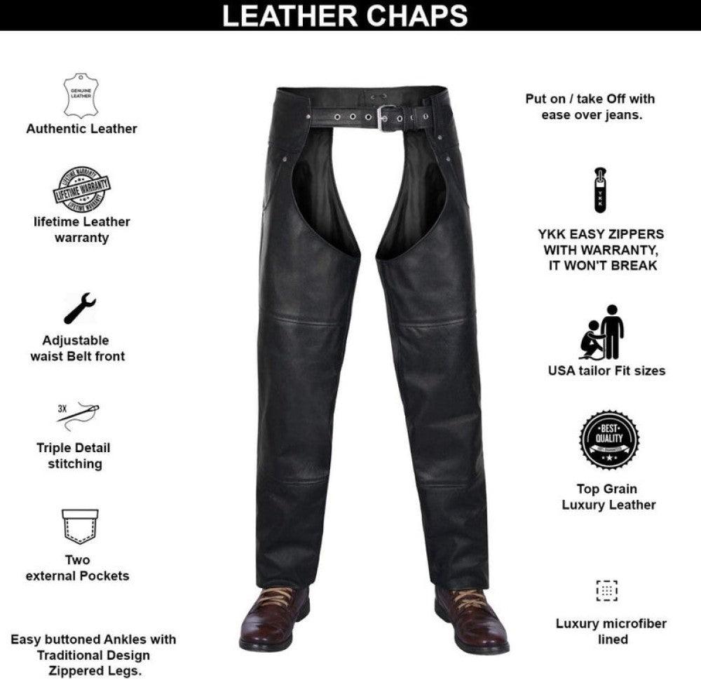 Black Premium Leather Chaps with Side Zipper - TheBougees