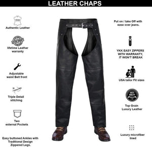 Black Premium Leather Chaps with Side Zipper - TheBougees