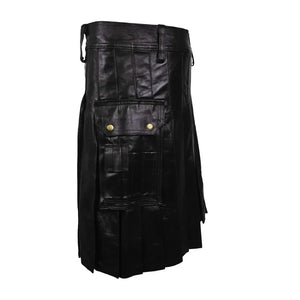 Men's genuine leather utility kilt in black and brown, side detail