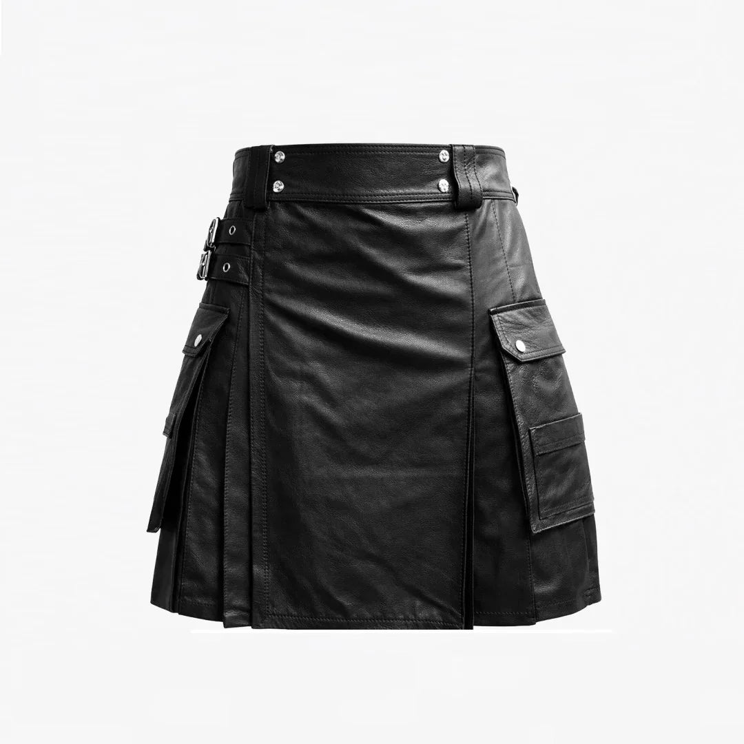 Men's black leather kilt with cargo pockets and silver hardware, TheBougees apparel