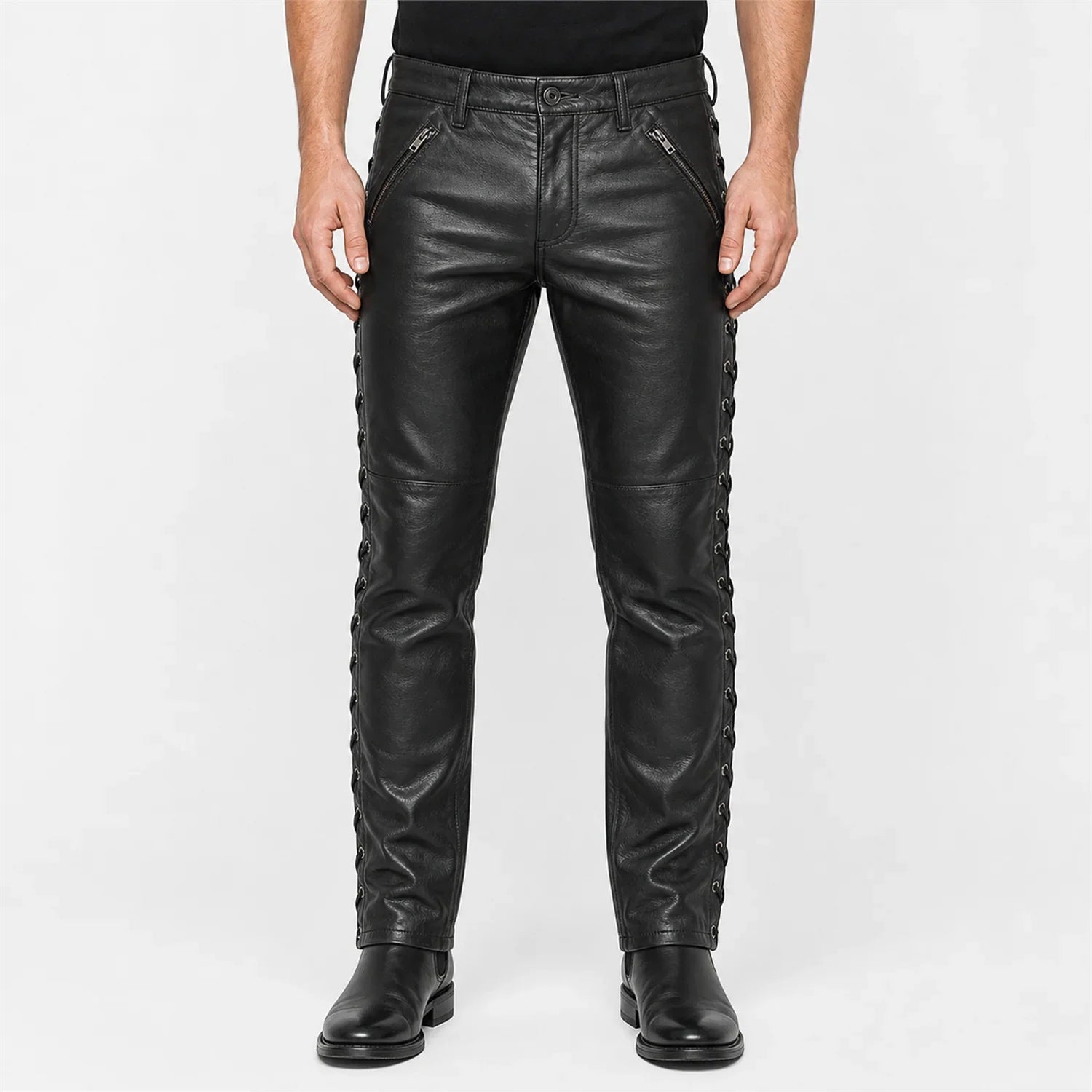Mens Black Side Lace Leather Pants Cowhide Biker Trousers – TheBougees
