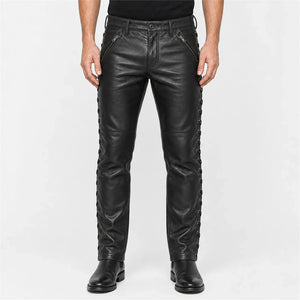 mens black side lace leather pants