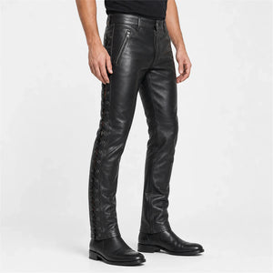 mens black side lace leather pants MP 98013 28 28