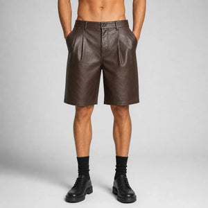 men's brown leather pleated shorts