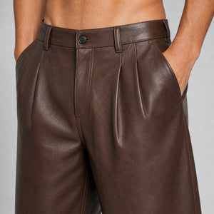 men's brown leather pleated shorts MLS 810036 28