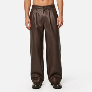 mens chocolate brown leather wide leg pants