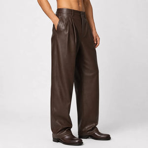 mens chocolate brown leather wide leg pants MP 98015 28 28