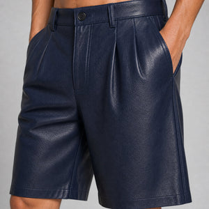 men's navy leather pleated shorts MLS 810039 28