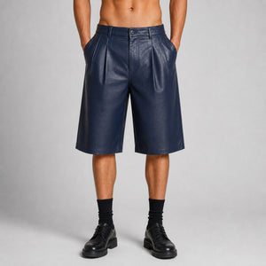 men's navy leather pleated shorts
