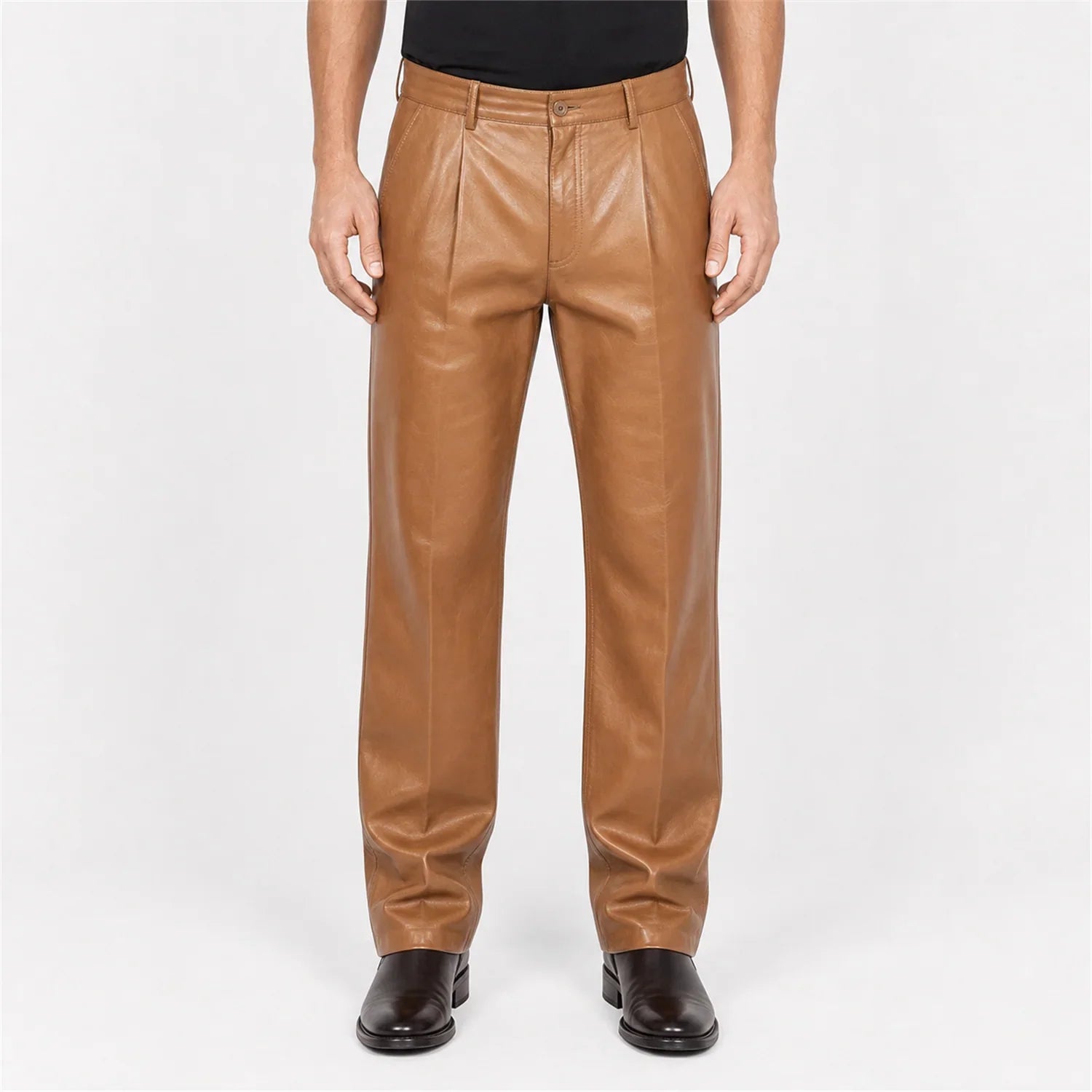 mens tan lambskin leather trousers